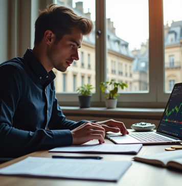 Crypto RWA : définition, avantages et fonctionnement en France Espace de travail moderne avec un professionnel analysant des graphiques financiers à Paris