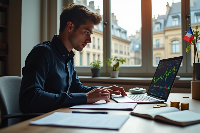 espace-travail-financier-paris Espace de travail moderne avec un professionnel analysant des graphiques financiers à Paris