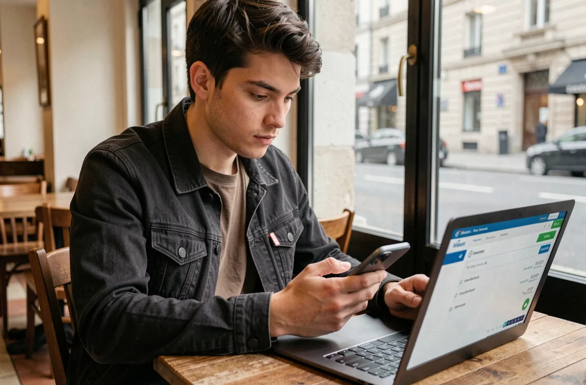 Étudiant à l'étranger gérant ses comptes bancaires en ligne depuis un café européen