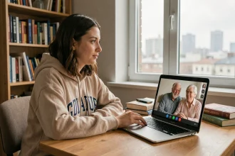 Étudiante à l'étranger en appel vidéo avec ses parents pour gérer sa procuration bancaire à distance