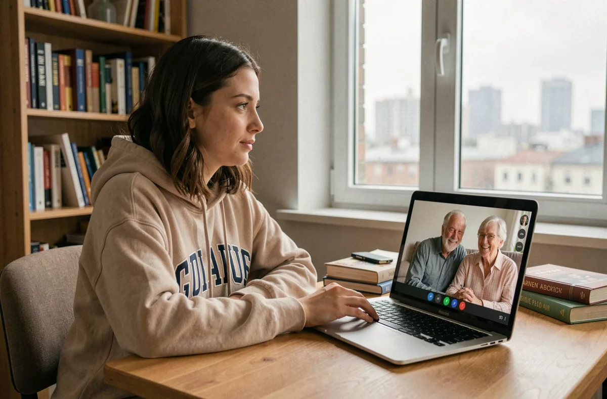 Étudiante à l'étranger en appel vidéo avec ses parents pour gérer sa procuration bancaire à distance