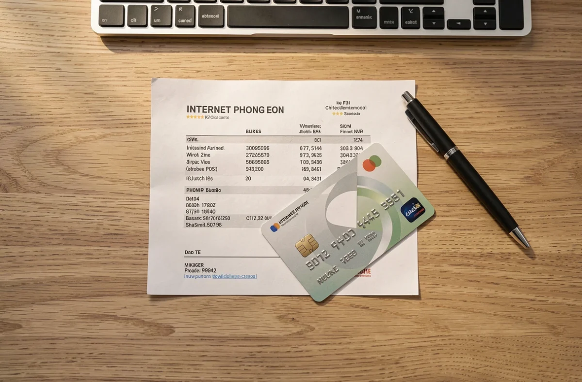 Vue de dessus d'une facture Free posée sur une table avec une carte bancaire et un stylo pour illustrer les options de paiement