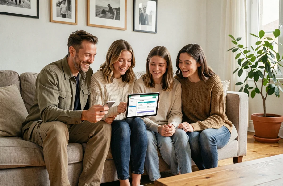 Famille de cheminot comparant les offres de mutuelle santé sur une tablette dans le salon