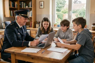 Famille de cheminot examinant les documents de leur mutuelle santé ensemble à la maison