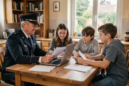 Famille de cheminot examinant les documents de leur mutuelle santé ensemble à la maison
