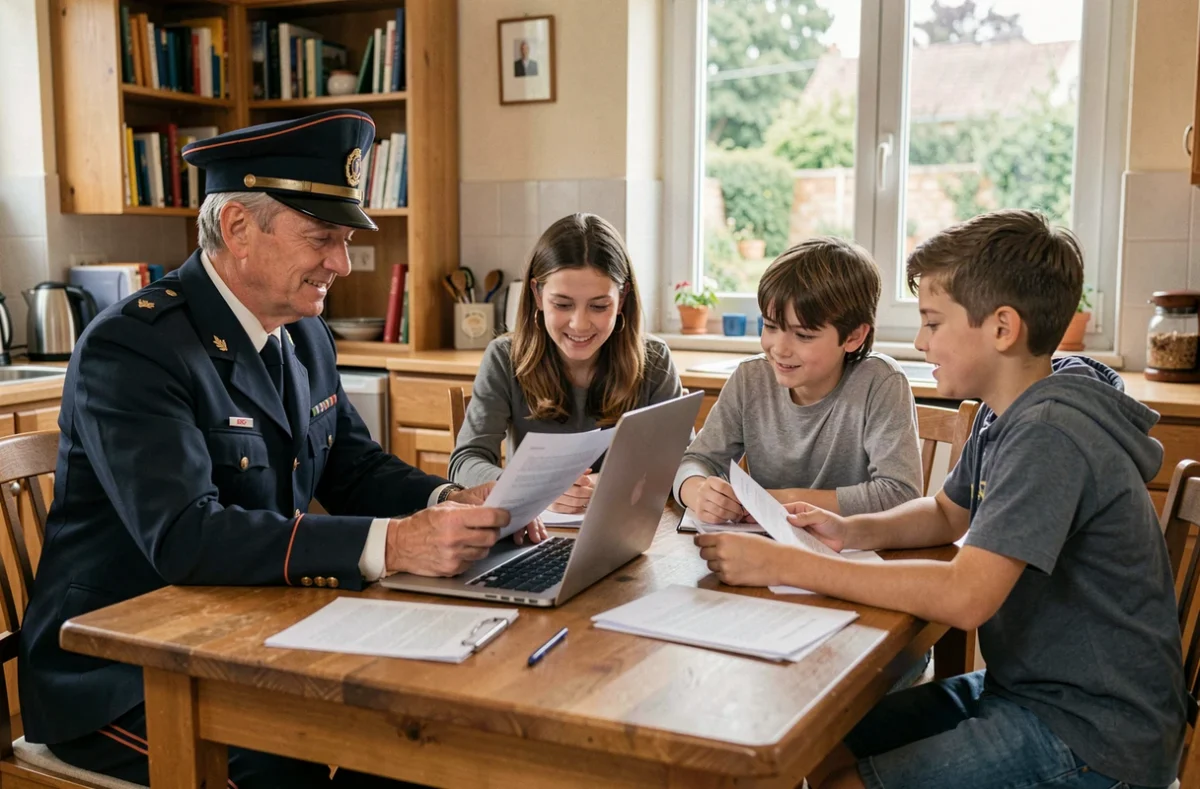 Famille de cheminot examinant les documents de leur mutuelle santé ensemble à la maison