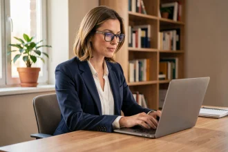 Femme professionnelle accédant à son compte bancaire en ligne sur un ordinateur portable dans un bureau moderne