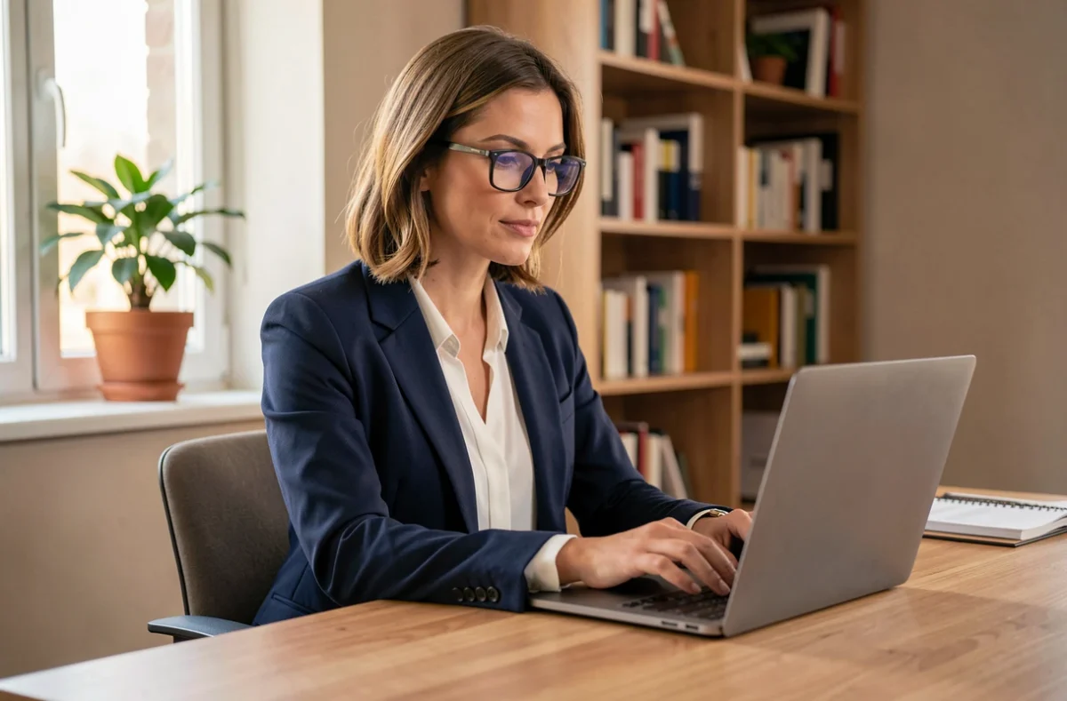 Femme professionnelle accédant à son compte bancaire en ligne sur un ordinateur portable dans un bureau moderne