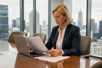 Femme d'affaires européenne analysant des documents de gestion du crédit dans un bureau moderne avec vue sur la ville