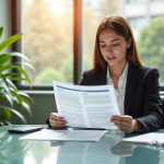 Femme d'affaires lisant un document d'assurance dans un bureau lumineux