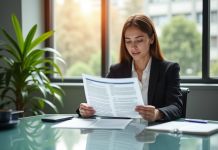 Femme d'affaires lisant un document d'assurance dans un bureau lumineux