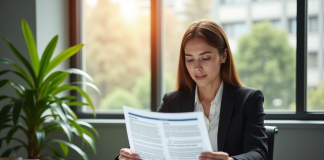 Femme d'affaires lisant un document d'assurance dans un bureau lumineux
