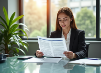Femme d'affaires lisant un document d'assurance dans un bureau lumineux