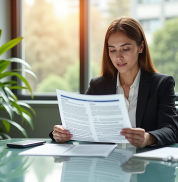 Exclusions de garantie : comprendre les limitations pour une meilleure protection Femme d'affaires lisant un document d'assurance dans un bureau lumineux