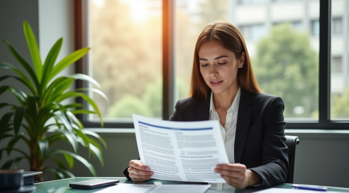 Femme d'affaires lisant un document d'assurance dans un bureau lumineux
