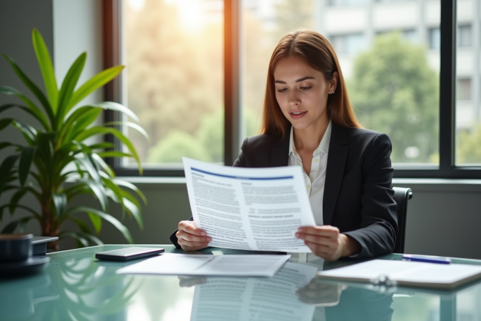Femme d'affaires lisant un document d'assurance dans un bureau lumineux