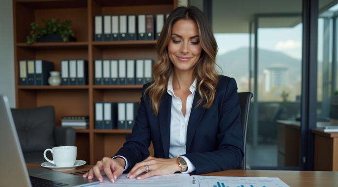 Femme d'affaires en costume lisant un rapport dans un bureau moderne
