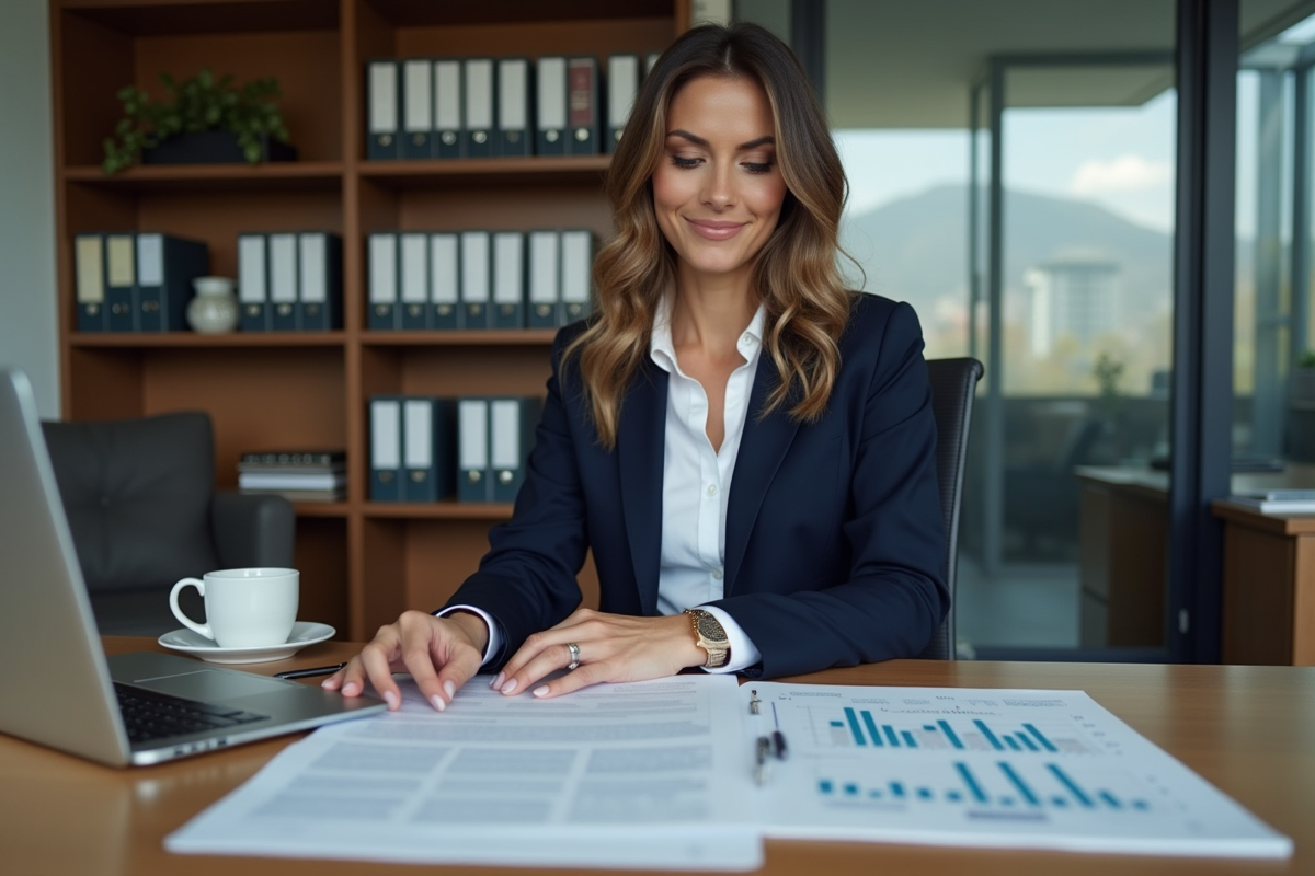 Femme d'affaires en costume lisant un rapport dans un bureau moderne