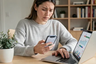 Femme paramétrant des alertes de débit sur une application bancaire depuis son bureau à domicile