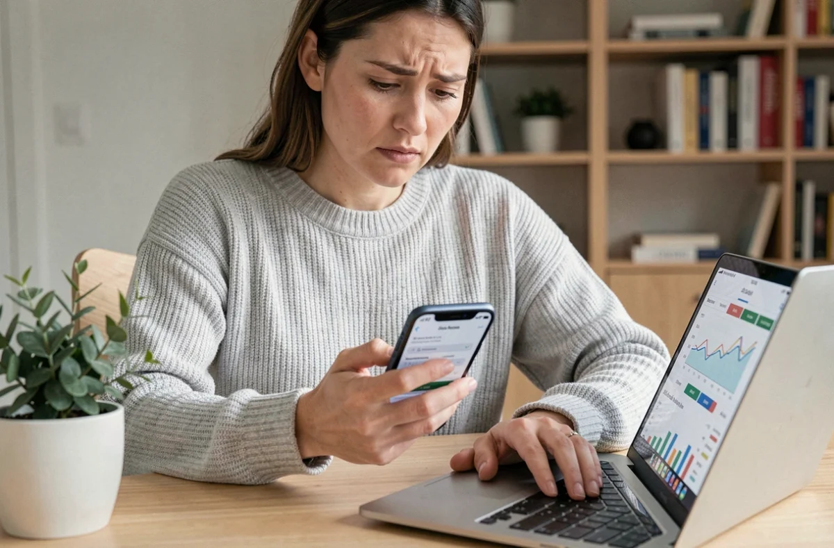 Femme paramétrant des alertes de débit sur une application bancaire depuis son bureau à domicile