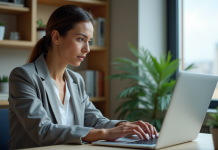 Femme analysant des graphiques de cryptomonnaies sur un ordinateur