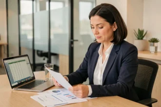 Femme professionnelle analysant des documents d'investissement SCPI à son bureau