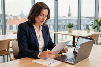 Femme cadre analysant des documents financiers liés à un investissement en SCPI dans un bureau moderne