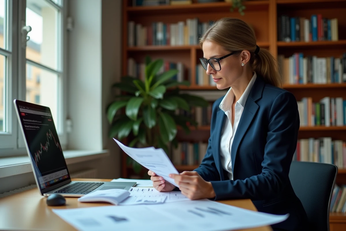 Femme professionnelle analysant des rapports financiers et des graphiques d'indices sur tablette dans un bureau à domicile