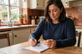 Femme analysant un ticket EuroMillions Étoile + à la table de sa cuisine avec un carnet de notes