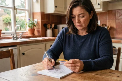 Femme analysant un ticket EuroMillions Étoile + à la table de sa cuisine avec un carnet de notes