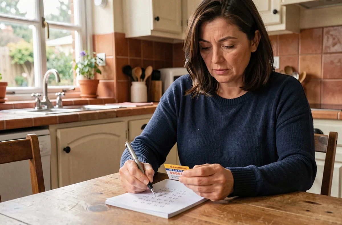 Femme analysant un ticket EuroMillions Étoile + à la table de sa cuisine avec un carnet de notes