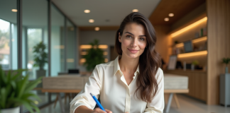 Ouvrir un compte au CMS : étapes faciles et conseils efficaces Femme concentrée remplissant un formulaire bancaire dans une agence moderne