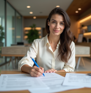 Ouvrir un compte au CMS : étapes faciles et conseils efficaces Femme concentrée remplissant un formulaire bancaire dans une agence moderne