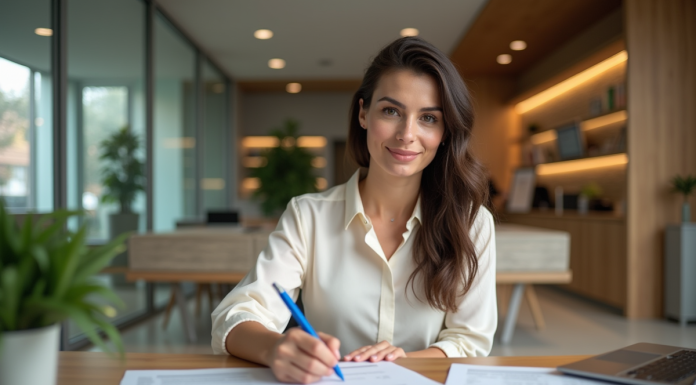 Ouvrir un compte au CMS : étapes faciles et conseils efficaces Femme concentrée remplissant un formulaire bancaire dans une agence moderne