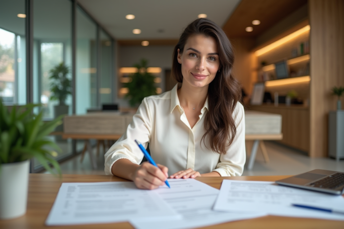 femme-application-comptes Femme concentrée remplissant un formulaire bancaire dans une agence moderne