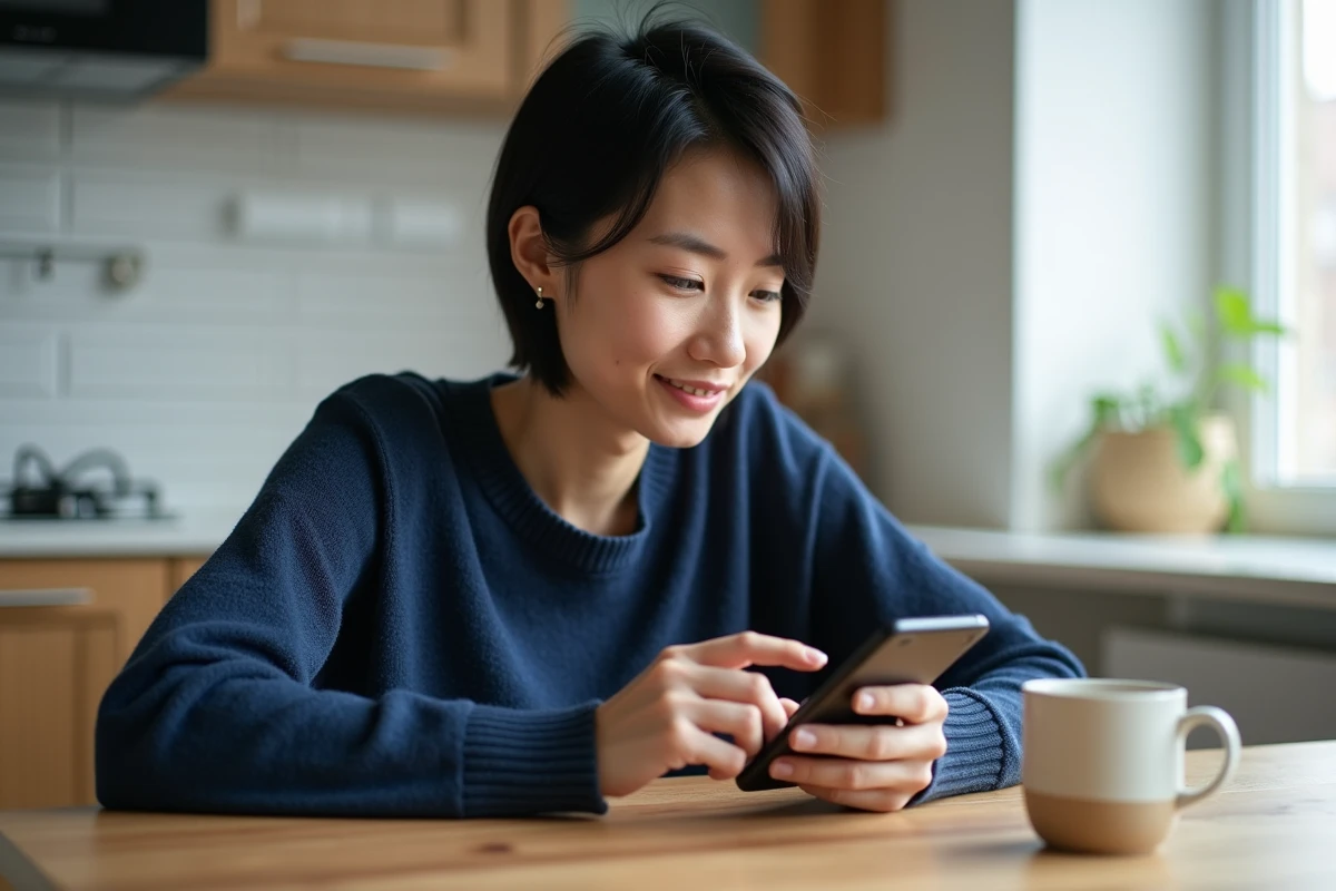 Femme utilisant l'application mobile de sa banque sur smartphone dans une cuisine moderne
