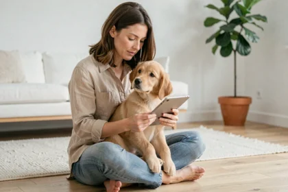 Femme consultant une assurance chien sur tablette avec un golden retriever dans les bras dans un salon moderne