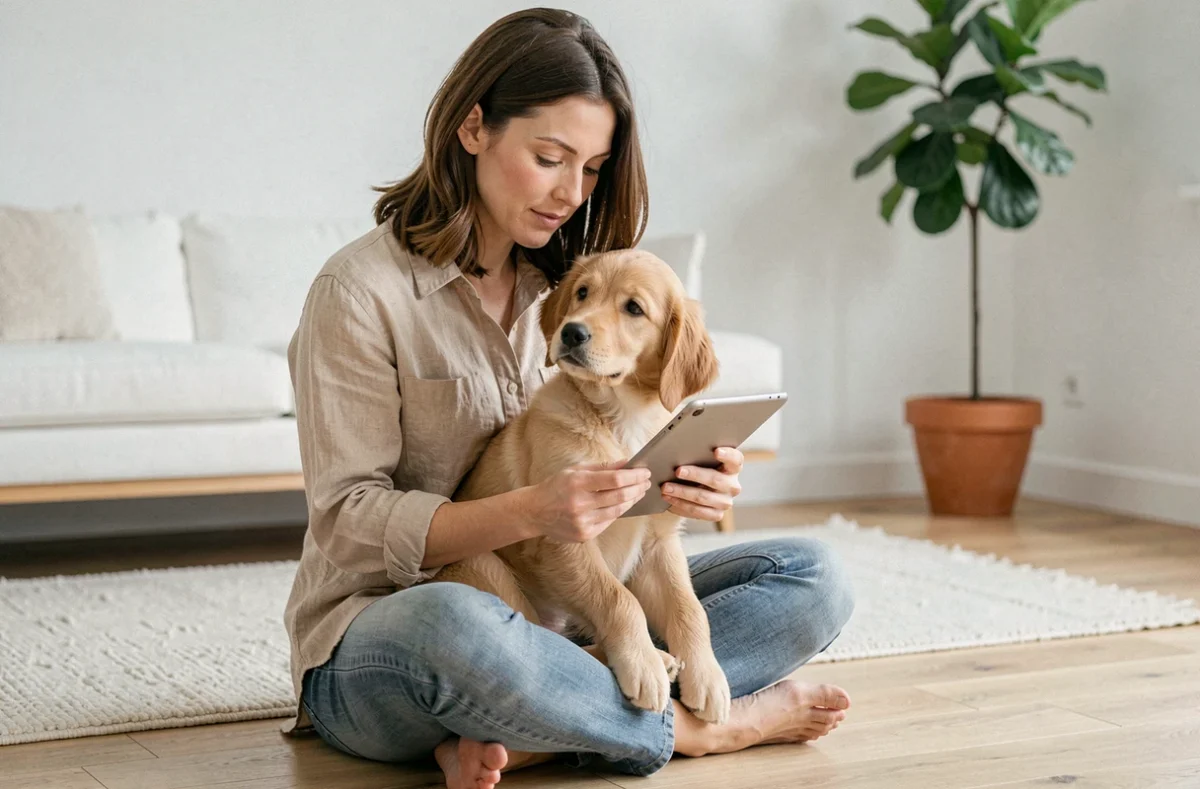 Femme consultant une assurance chien sur tablette avec un golden retriever dans les bras dans un salon moderne