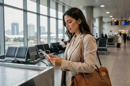 Femme consultant ses documents d'assurance voyage dans un terminal d'aéroport international avant un vol pour les États-Unis