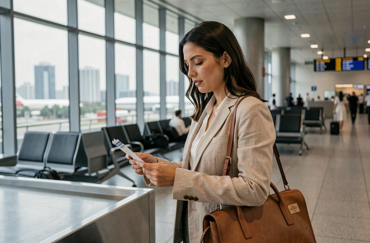 Femme consultant ses documents d'assurance voyage dans un terminal d'aéroport international avant un vol pour les États-Unis