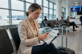 Femme consultant son assurance voyage sur tablette dans un aéroport avant un départ pour les USA