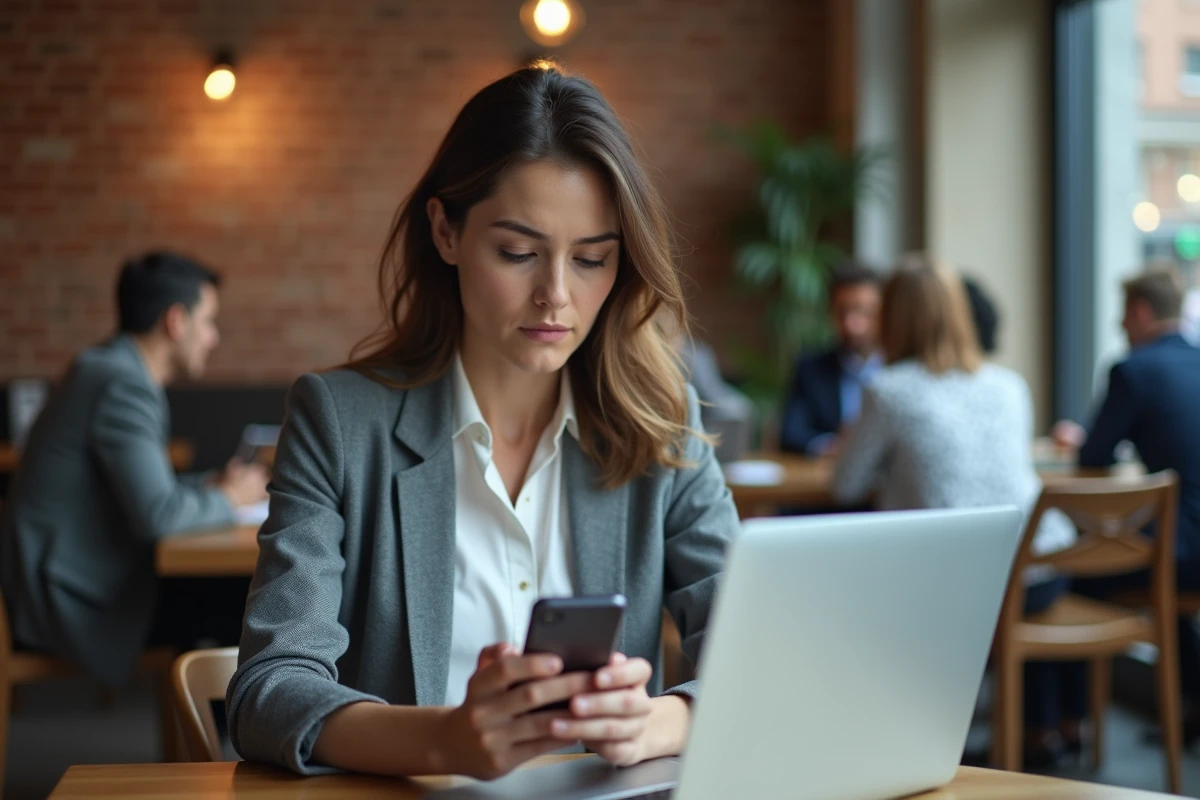 Femme impatiente attendant en ligne avec Boursorama dans un café urbain avec son smartphone
