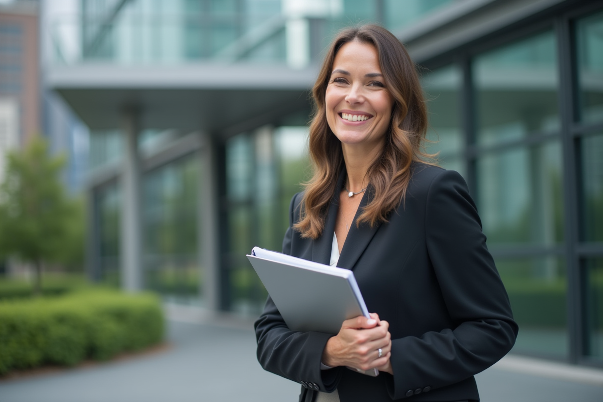 Femme indépendante souriante devant un bâtiment moderne en extérieur
