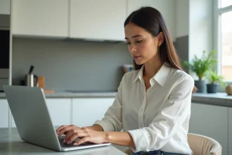 Jeune femme utilisant une banque en ligne à la maison