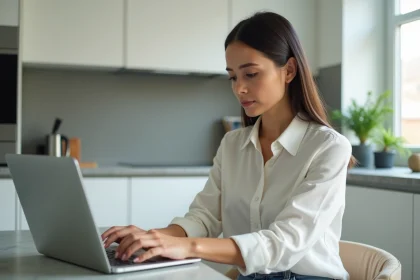 Jeune femme utilisant une banque en ligne à la maison