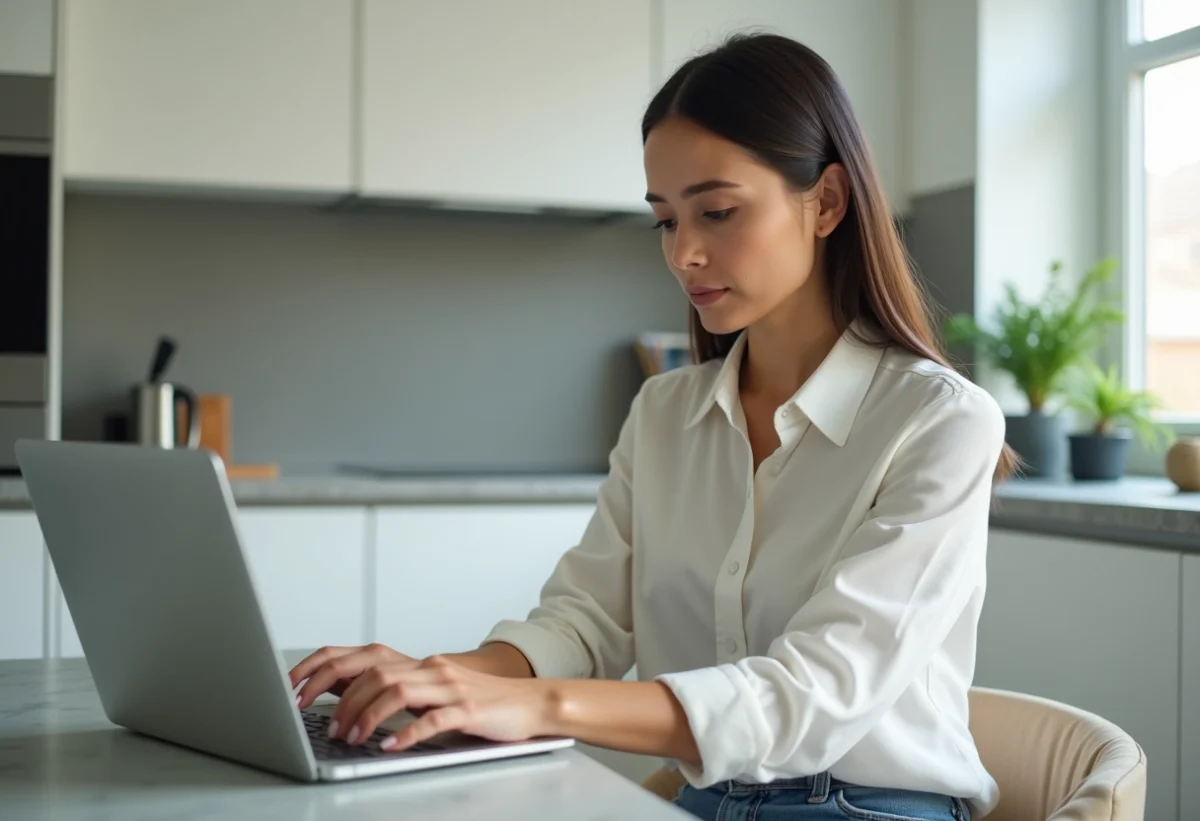 Jeune femme utilisant une banque en ligne à la maison