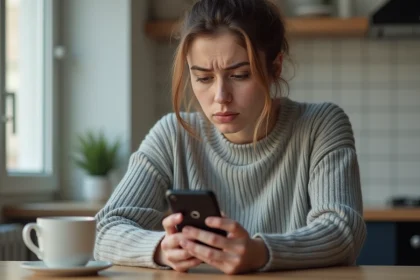 Femme frustrée consultant son application Caisse d'Épargne sur smartphone avec un message d'erreur affiché