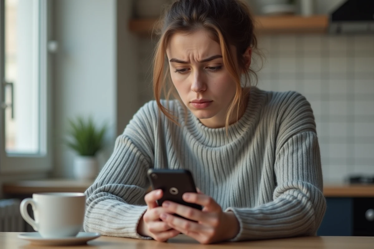 Femme frustrée consultant son application Caisse d'Épargne sur smartphone avec un message d'erreur affiché