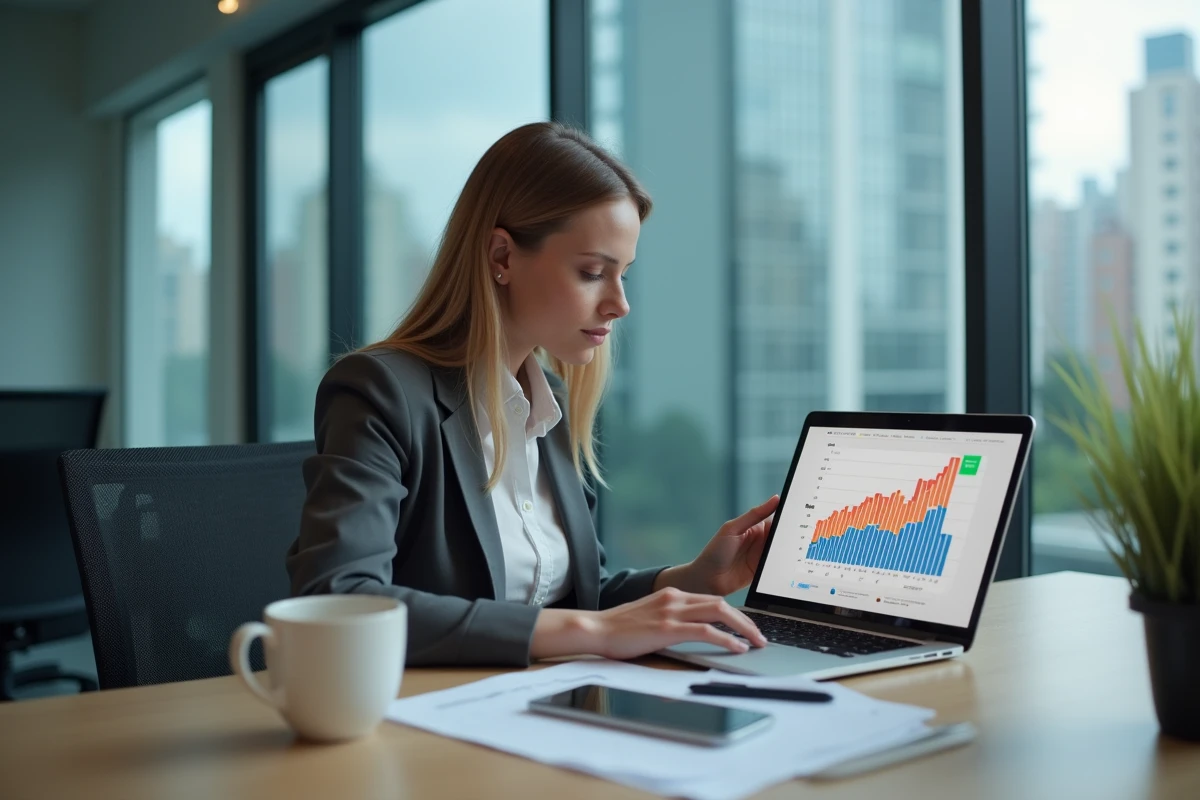 Jeune femme d'affaires analysant un tableau ROI au bureau