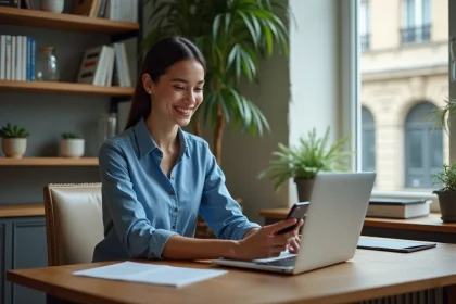 Jeune femme au bureau connecté et souriante